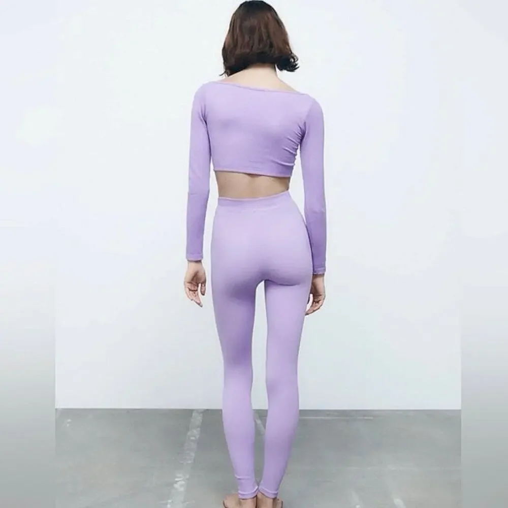 Zara Women's Purple Lavender Rib Knit Long Sleeve Pullover Crop Shirt Top M/L
